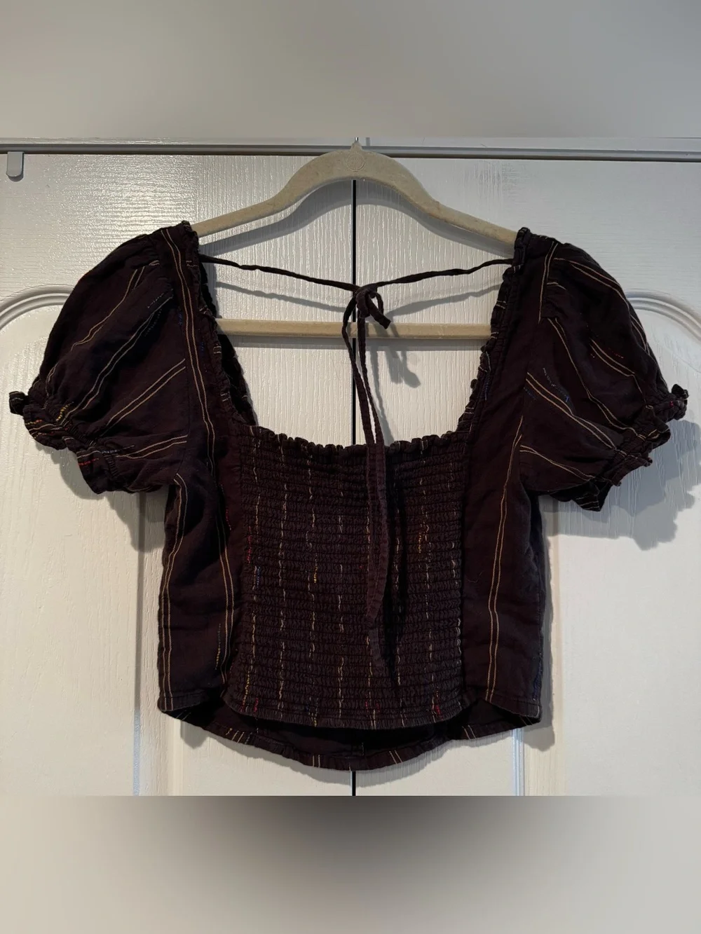 Free People Brown Striped Square-Neck Puff Sleeve Blouse - Size XS